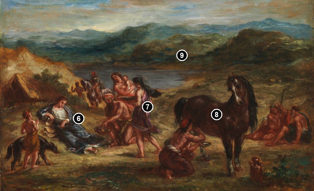 Annotated details from Ovid among the Scythians - Met 1862 Version by Eugène Delacroix